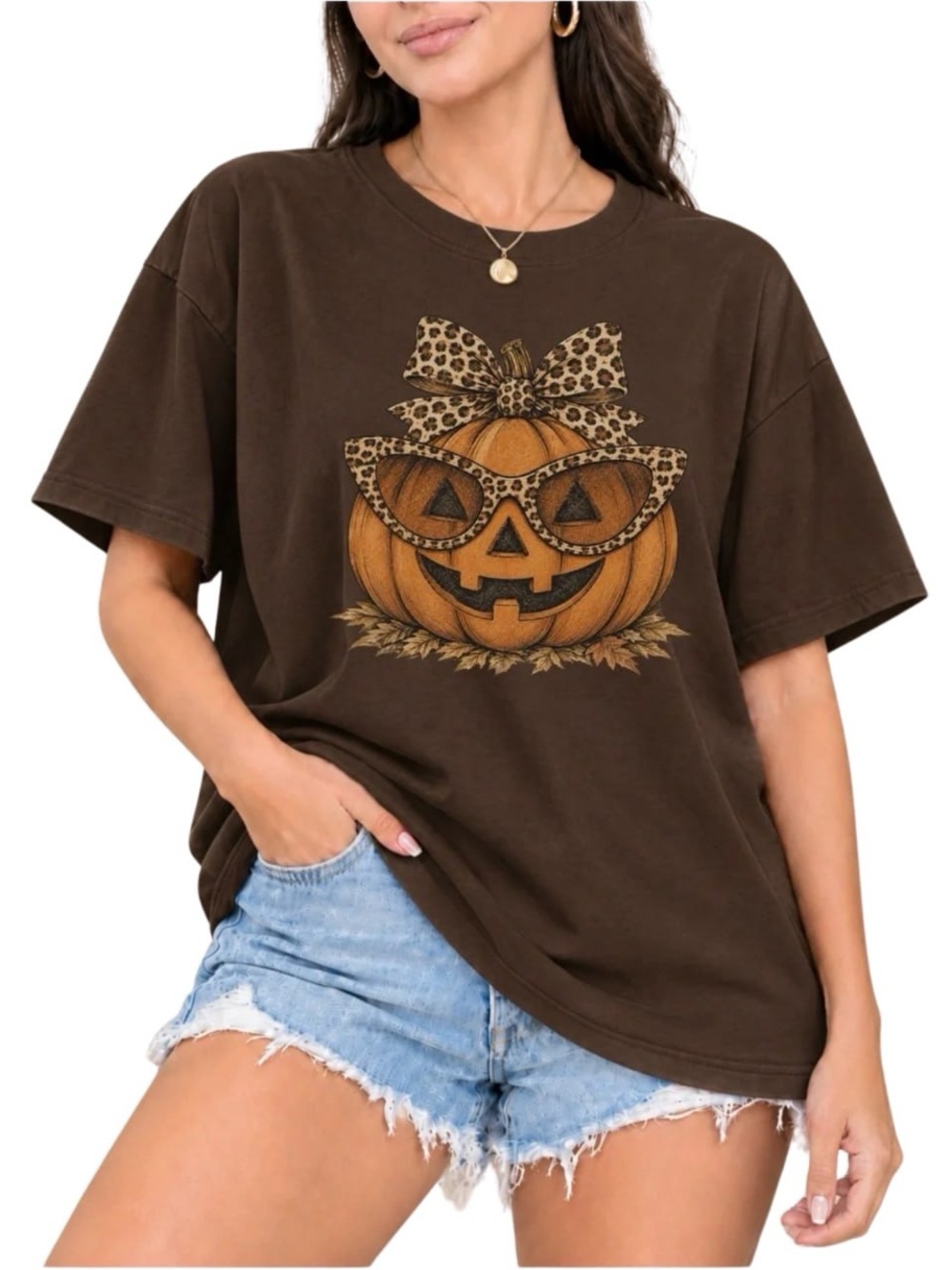 Brown Pumpkin Graphic Tee with Leopard Bow & Glasses
